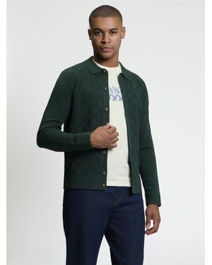 Ben Sherman Long Sleeve Checkerboard Button Through Knitted Shirt In Lotus Green