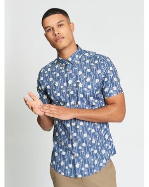 Ben Sherman Short Sleeve Floral Bamboo Print Shirt In Indigo - Blue