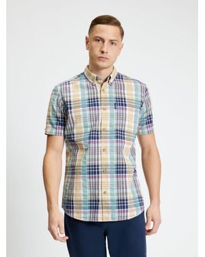 Ben Sherman Short Sleeve Seersucker Check Shirt In Aqua - Blue