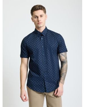 Ben Sherman Short Sleeve Stipple Geo Print Shirt In Dark Navy - Blue