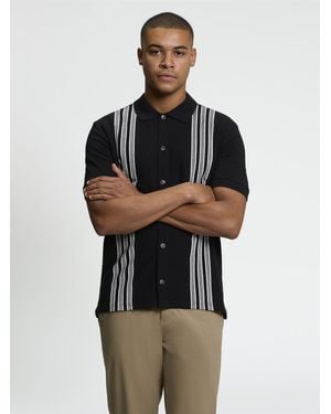 Ben Sherman Short Sleeve Birdseye Stripe Button Through Polo In Black