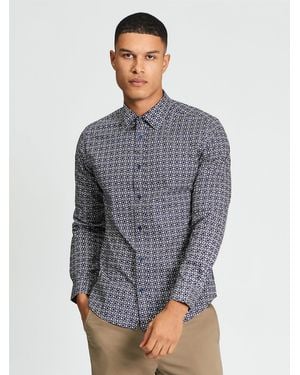 Ben Sherman Long Sleeve Mono Geo Print Shirt In Twilight Denim - Grey