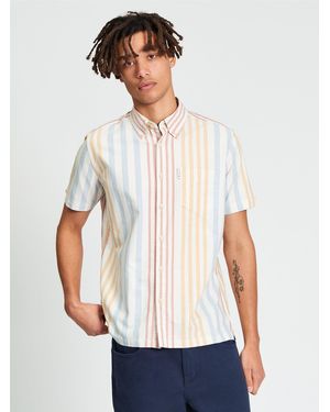 Ben Sherman Short Sleeve Multicolour Oxford Stripe Shirt In Ivory - Blue