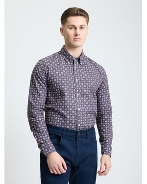 Ben Sherman Long Sleeve Block Foulard Print Shirt In Fog - Blue