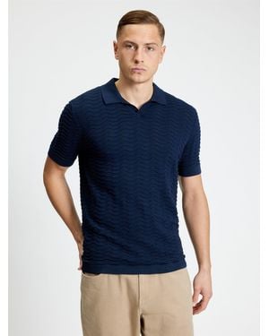 Ben Sherman Short Sleeve Wave Texture Knitted Polo In Dark Navy - Blue