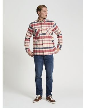 Ben Sherman Long Sleeve Brushed Ivy Check Overshirt In White - Blue