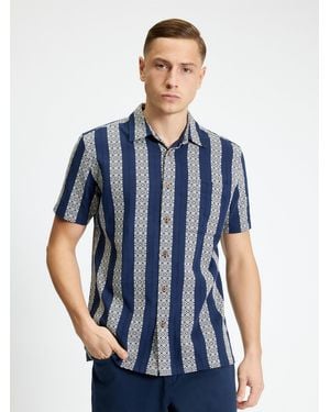 Ben Sherman Short Sleeve Block Geo Jacquard Stripe Shirt In Twilight Denim - Blue