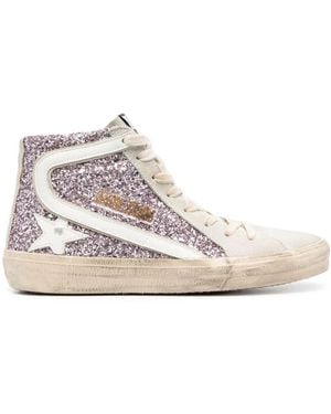 Golden Goose "Slide" Glitter Upper Suede Toe Shiny Leather Star And Wa - White