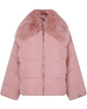 Twinset Windbreaker Faux Fur Neck Puffer Jacket - Pink