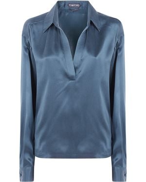 Tom Ford Polo Shirt Silk 100% "Peach Feel Silk Satine" - Blue