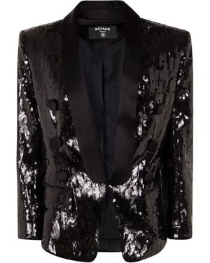 Balmain V-Neck Glitter Satin Tailored Jacket - Black