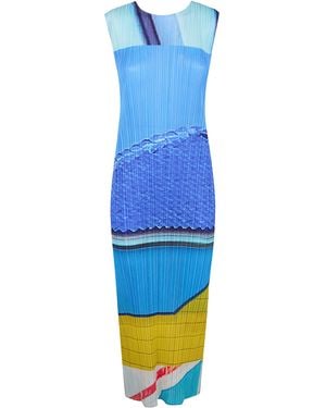 Pleats Please Issey Miyake Dress Long Sleeves "City Collage" - Blu