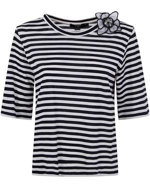 Seventy Cotton Jersey Stripes Boat Neck Flower T-Shirt - Blue