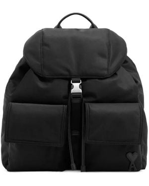 Ami Paris Nylon Marcel Flap Backpack - Black