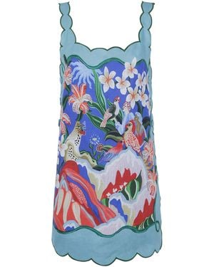 FARM Rio Scalloped-Trim Graphic-Print Mini Dress - Blue
