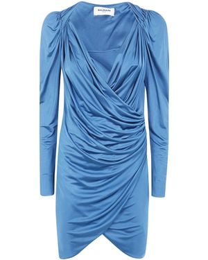 Balmain Dress Draped "Long Sleeves Open Neck" - Blue