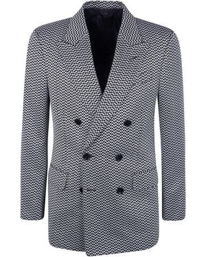 Tom Ford Jacquard Geometric Design Double Breasted Jacket - Blue