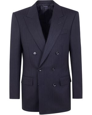 Tom Ford Solid Satin Stripe Double Breasted Jacket - Blue