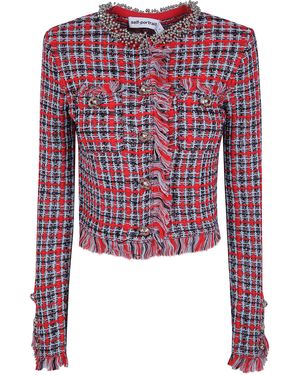Self-Portrait Check Frayed Knit Jacket - Red
