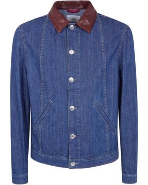 Brunello Cucinelli Lightweight Denim Jacket With Leather Collar - Blue