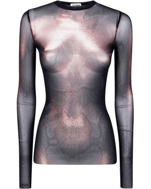 Jean Paul Gaultier Mesh Crew Neck Top With Long Sleeves Printed Body Dust - Black