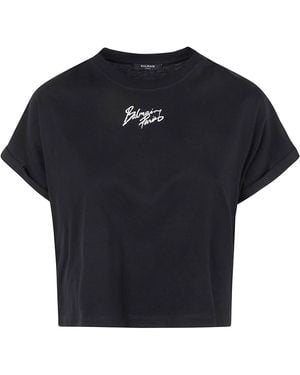 Balmain Short Sleeves Paris" Cropped T-Shirt - Blue