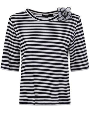 Seventy Cotton Jersey Stripes Boat Neck Flower T-Shirt - Blue