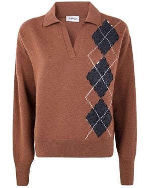 Mrz Long Sleeve Intarsia Knit Polo - Brown