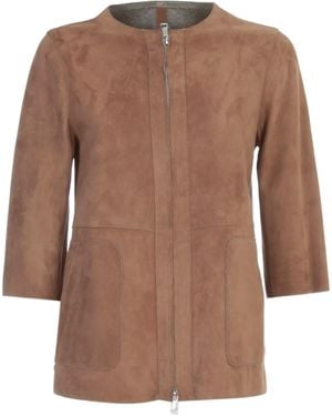 The Jackie Leathers Goat Suede Jacket Crew Neck 3/4S Jersey - Brown
