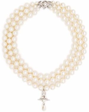 Vivienne Westwood Collana Choker A Tre Fili "Three" Con Pendente A Goc - Bianco