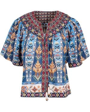 FARM Rio Embroidered Tapestry Short Sleeve Blouse - Blue