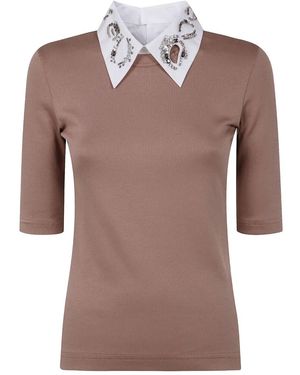 Fabiana Filippi T-Shirt A Maniche Corte A Costine Con Ricamo - Marrone