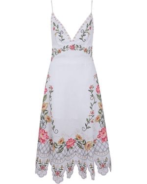FARM Rio Floral-Embroidered Scalloped Dress - White