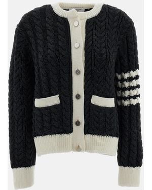 Thom Browne Cardigan Girocollo A Coste E Trecce Aran - Nero