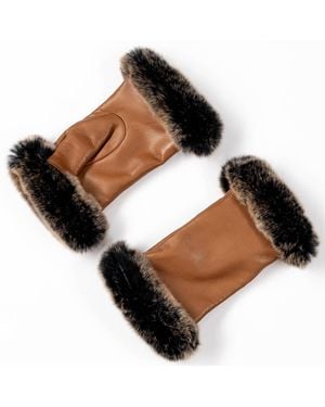 Black Accessories Camel Italian Leather Mittens With Rabbit Fur Cuffs Cashmere Lined - Black