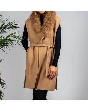 Black Accessories Caramel Cashmere Blend Longline Gilet: Cashmere Fur Trim - Natural