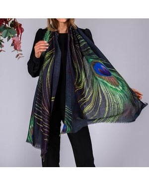 Black Accessories Peacock Print Superfine Wool Wrap - Multicolour