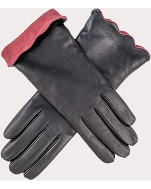 Black Accessories Ladies' Scalloped Cuff Cashmere Lined Leather Gloves - Grey