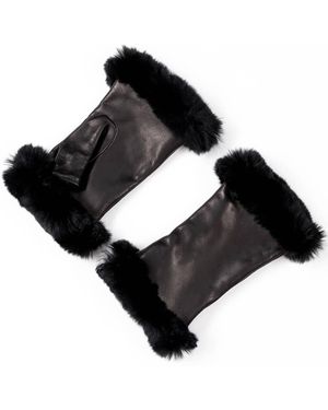 Black Accessories Italian Leather Mittens With Rabbit Fur Cuffs Cashmere Lined - Black