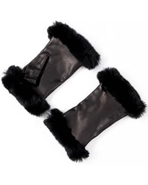 Black Accessories Italian Leather Mittens With Rabbit Fur Cuffs Cashmere Lined - Black