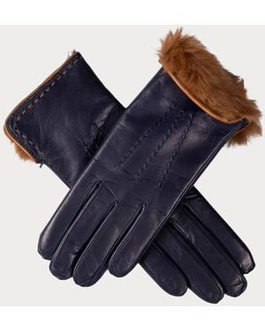 Black Accessories And Caramel Rabbit Fur Lined Leather Gloves - Blue