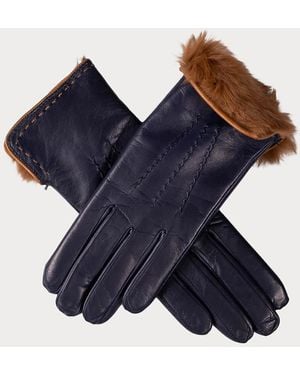 Black Accessories And Caramel Rabbit Fur Lined Leather Gloves - Blue