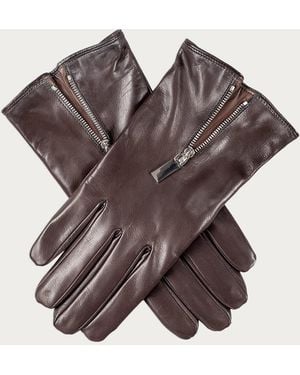 Black Accessories Dark And Hazelnut Leather Gloves With Zip Detail - Brown