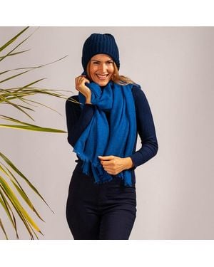 Black Accessories Gossamer Cashmere Shawl & Ribbed Cashmere Slouch Beanie Set - Blue