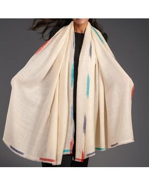 Black Accessories Ikat Edged Cream Pashmina Cashmere Shawl - Natural