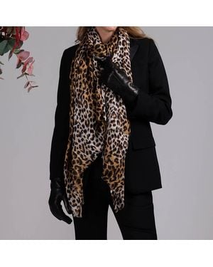 Black Accessories Leopard Print Cashmere & Silk Wrap & Fur Lined Leather Gloves - Black