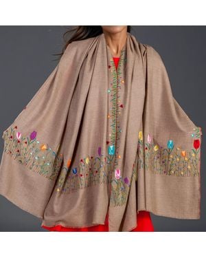Black Accessories Hand Embroidered Pashmina Shawl - Brown