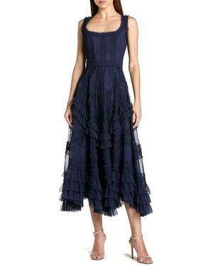 Mac Duggal Scoop Neck Sleeveless Mesh Micro Ruffle Midi Dress - Blue