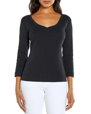 Three Dots Cotton V Neck Three Quarter Sleeve Tee - Black