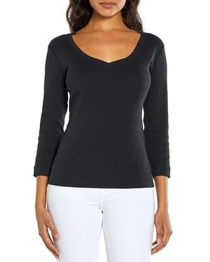 Three Dots Cotton V Neck Three Quarter Sleeve Tee - Black